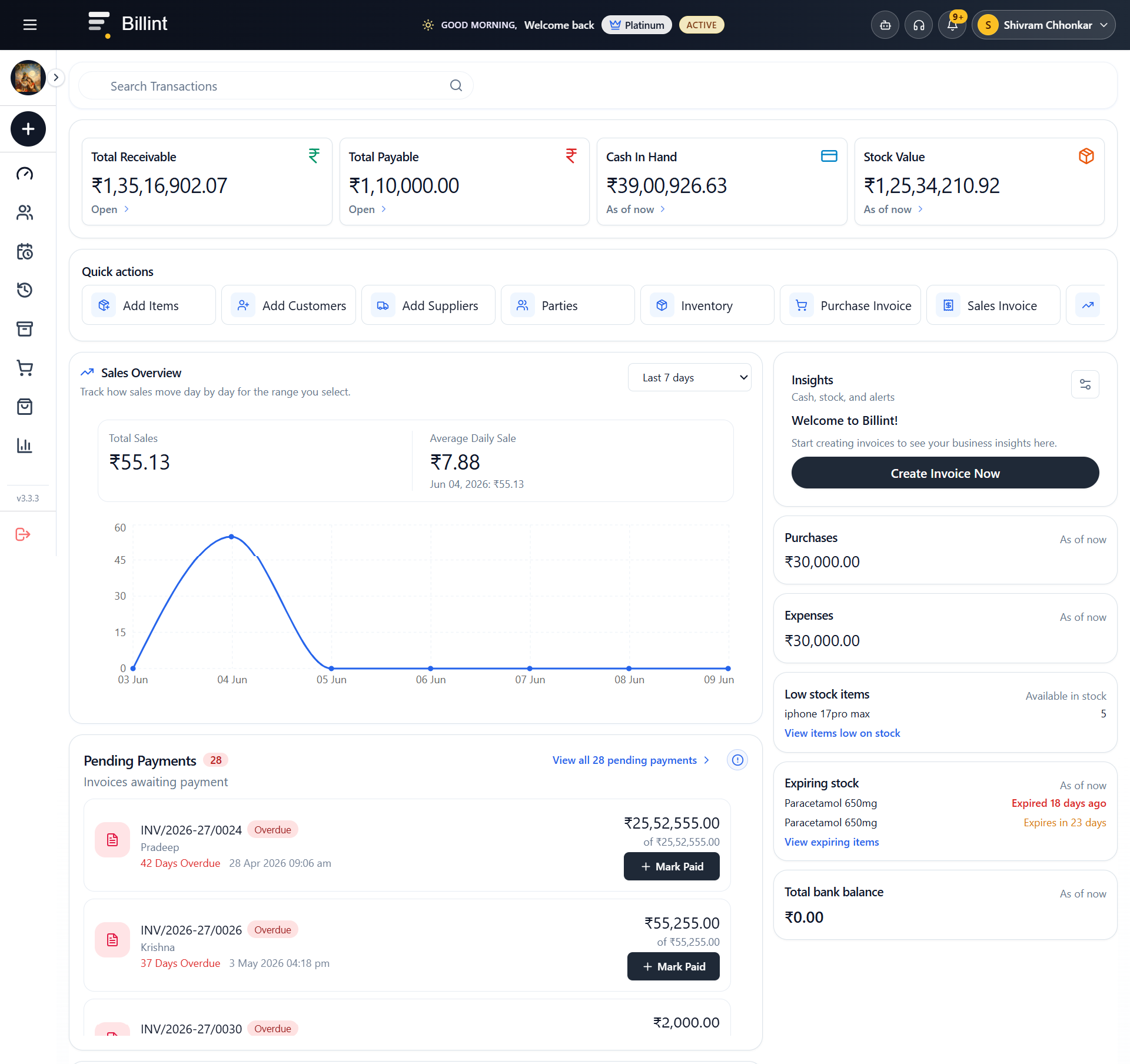 Billint dashboard — billing, inventory, and accounting