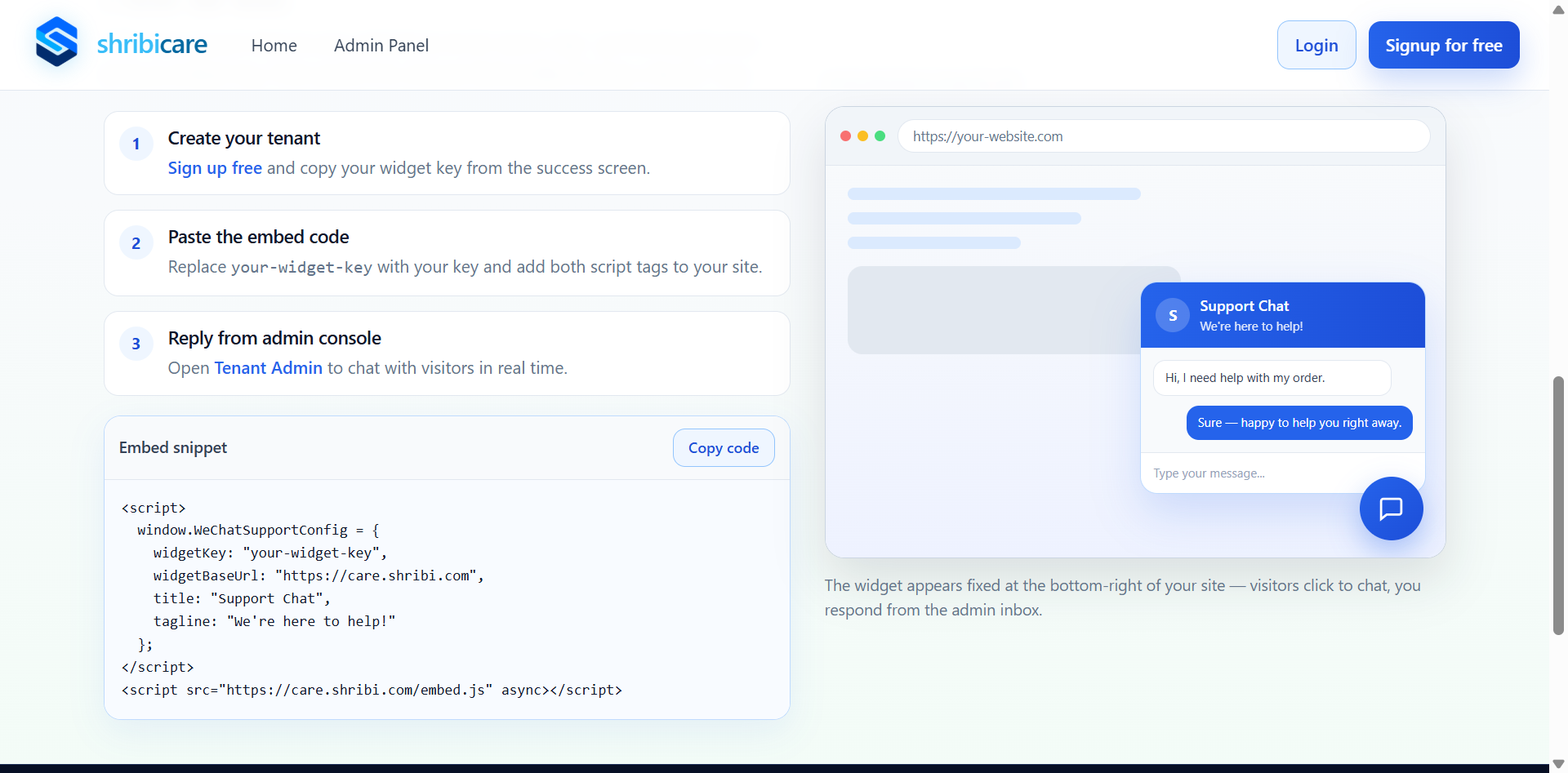 Shribi Care — free customer support chat widget for websites