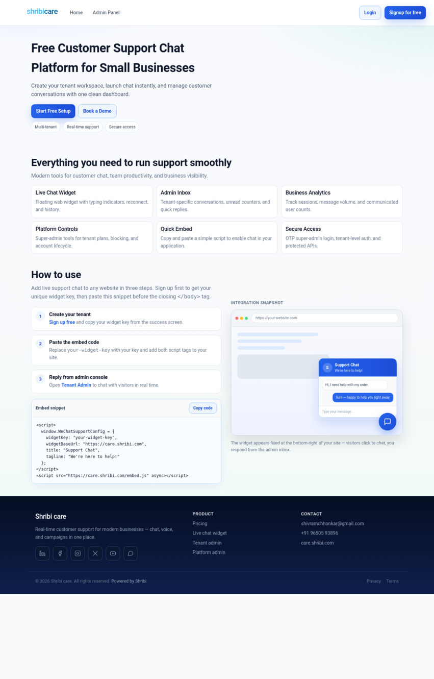 Shribi Care — free customer support chat widget for websites